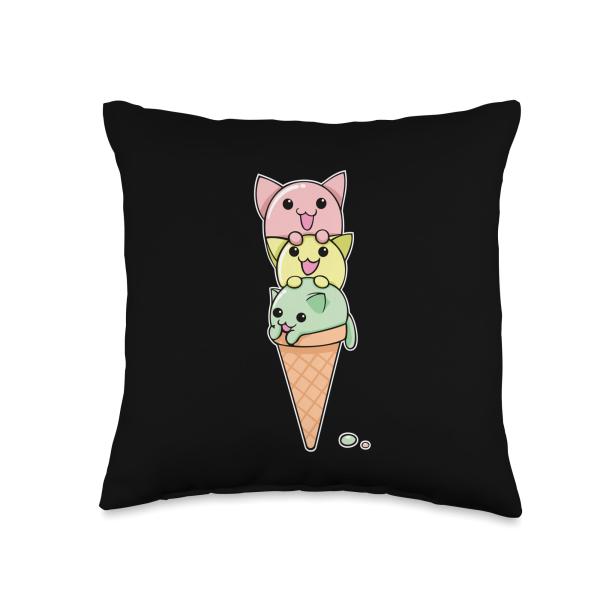 Cat Ice Cream Cone Funny Kawaii Comic Kitten Cats Summer Throw Pillow