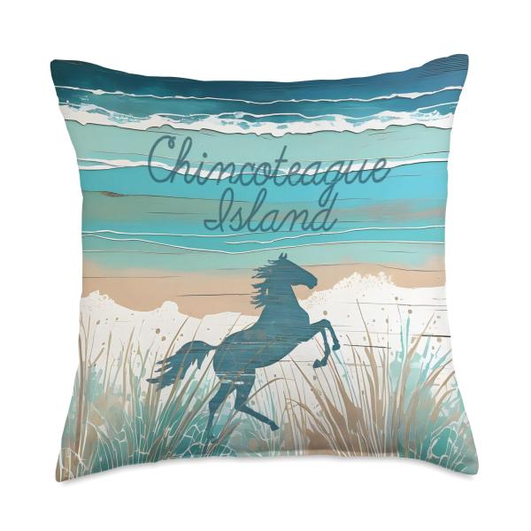 Chincoteague Island VA Wild Horses Nautical Coastal Blue Throw Pillow