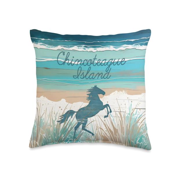 Chincoteague Island VA Wild Horses Nautical Coastal Blue Throw Pillow