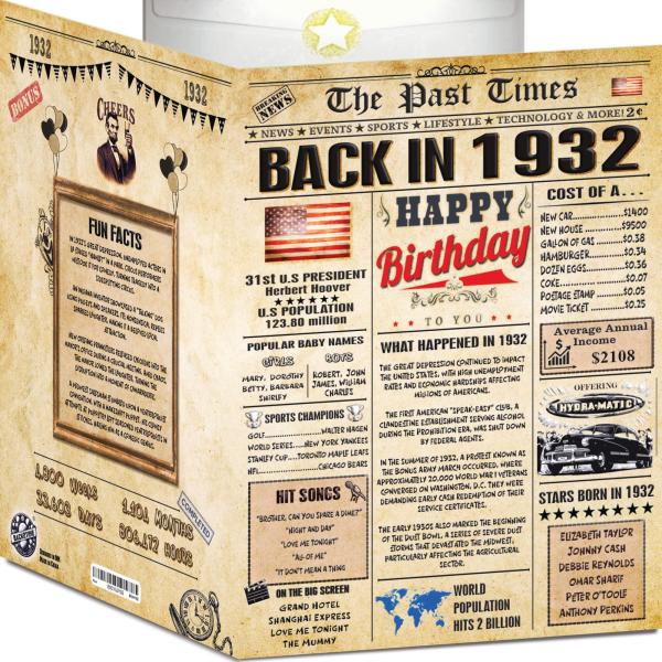 93歳のバースデーカード 男女兼用 1932年ヴィンテージ A4サイズ 封筒付き