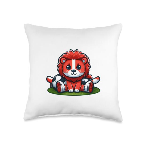 Cute Cartoon Lion with Footballs and white red Facepaint Throw Pillow