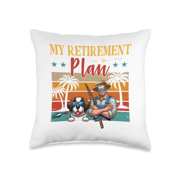 Vintage My Retirement Plan Costume Man Fishing St Bernard Throw Pillow