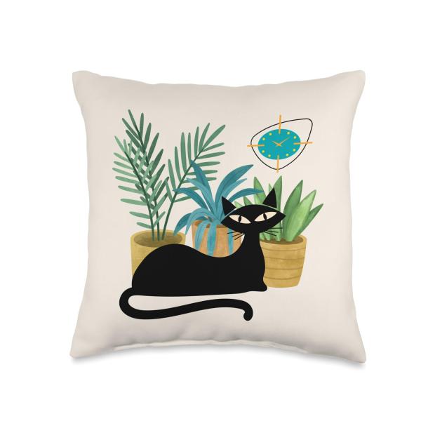 Cat Botanical Theme Midcentury Atomic Age Modern Mid Century Throw Pillow