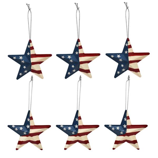Metal Barn Stars Set of 6 - Hanging American Flag Star Patriotic Wall Art Indoor Outdoor Decorative Star Ornaments Iron USA Decoration for July 4th In