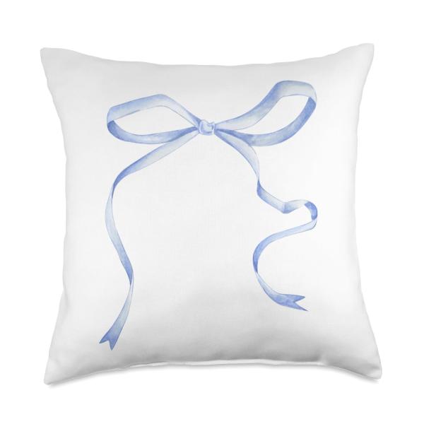 Cute Coquette Blue Bow Aesthetic Girl Women Pattern Decor Throw Pillow 18x18