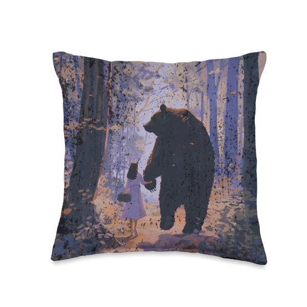 She Chose The Bear Woman Holding Hands With Bear in Woods Throw Pillow