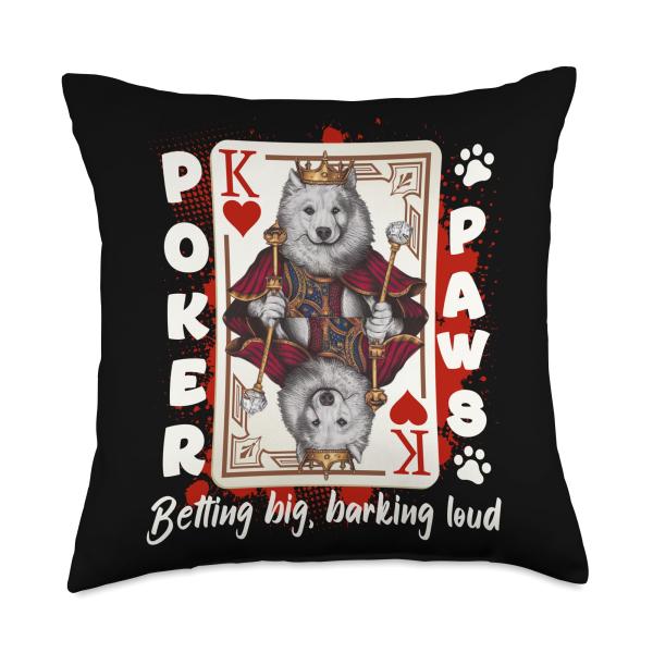 Poker Paws King of Hearts Poker Samoyed owner Throw Pillow