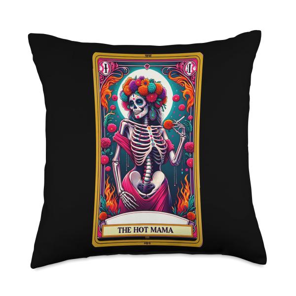 Hot Mama Tarot Card Skeleton Day of the Dead Sugar Skull Throw Pillow