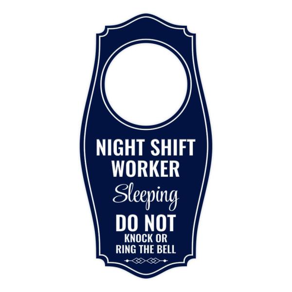 Night Shift Worker Sleeping Do Not Knock Or Ring The Bell Door Hanger | House or Business Door Sign - Navy Blue, 4" x 8"