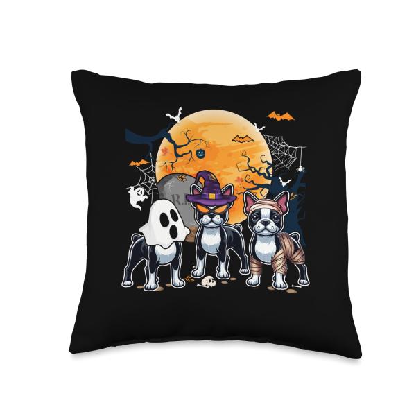 Three Halloween Boston Terriers Cosplay Witch Ghost Mummy Throw Pillow