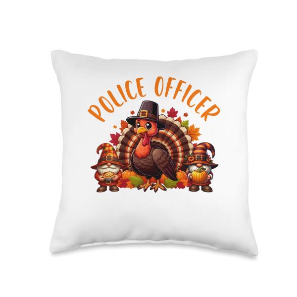 Police Officer Job Thanksgiving Turkey With Gnomes Fall Throw Pillow