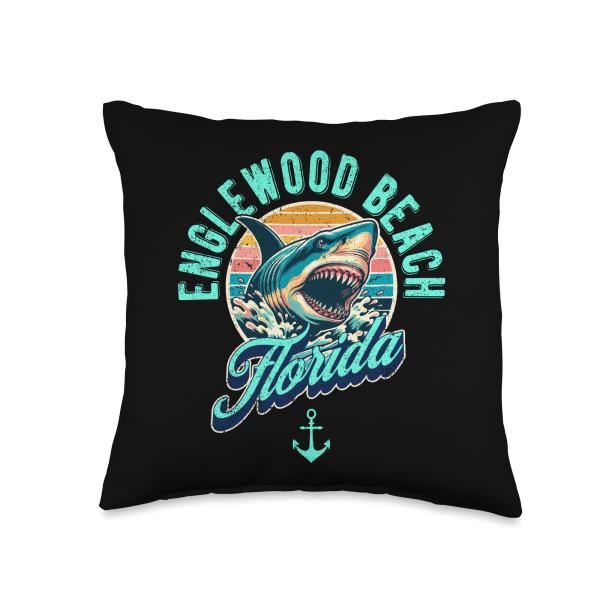 Englewood Beach Florida Shark Retro Distressed Design Throw Pillow