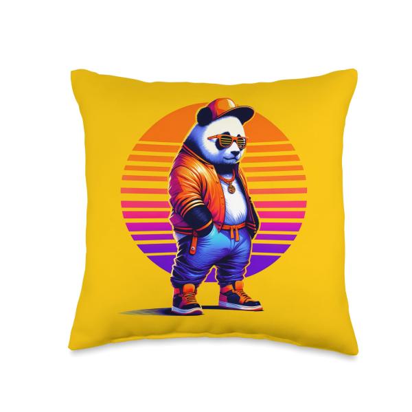 Cool Giant Panda Modern Urban Style Sunset Retro Art Throw Pillow
