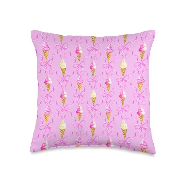 Preppy Summer Bows Ice Cream Cones Coquette Aesthetic Ribbon Throw Pillow