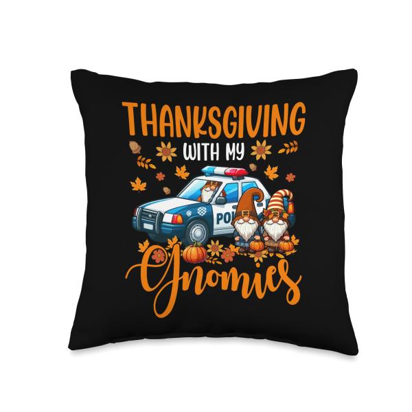 Thanksgiving With My Gnomies Three Gnomes Driving Police Car Throw Pillow