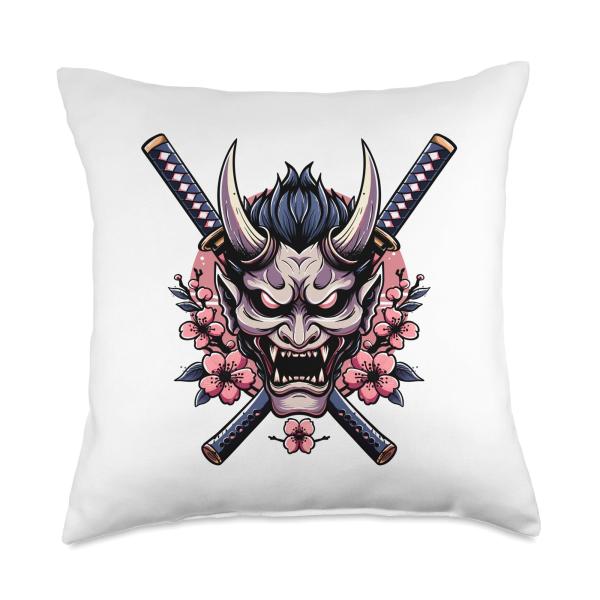 Oni Mask Face Mask Dual Katana Demon Mask Japanese Oni Mask Throw Pillow