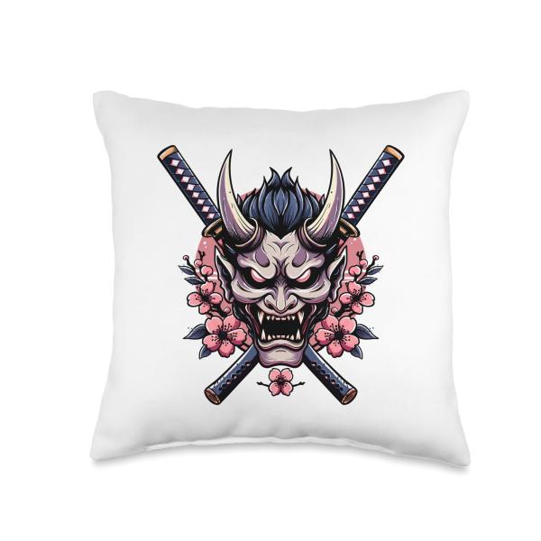 Oni Mask Face Mask Dual Katana Demon Mask Japanese Oni Mask Throw Pillow