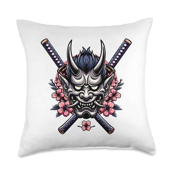 Oni Mask Face Mask Dual Katana Demon Mask Japanese Oni Mask Throw Pillow