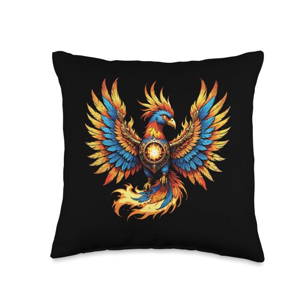 Illustrated Vintage Steampunk Flaming Phoenix Rising Throw Pillow