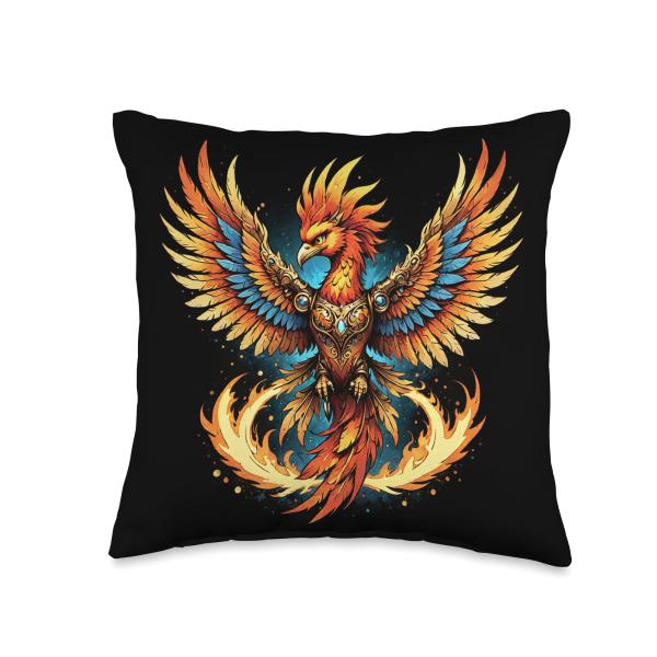 Illustrated Vintage Steampunk Flaming Phoenix Rising Throw Pillow