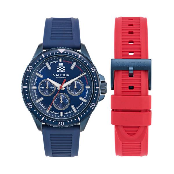 Nautica NCT Windrose メンズ腕時計 46mm 多機能 ブルーIPステンレス ブルー×レッドストラップ ボックスセット 夜光針