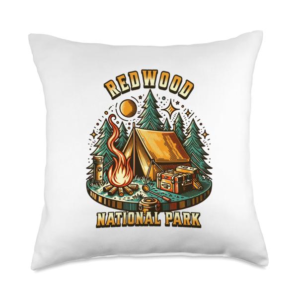 Camping Forest Tent Campfire Retro Redwood National Park Throw Pillow