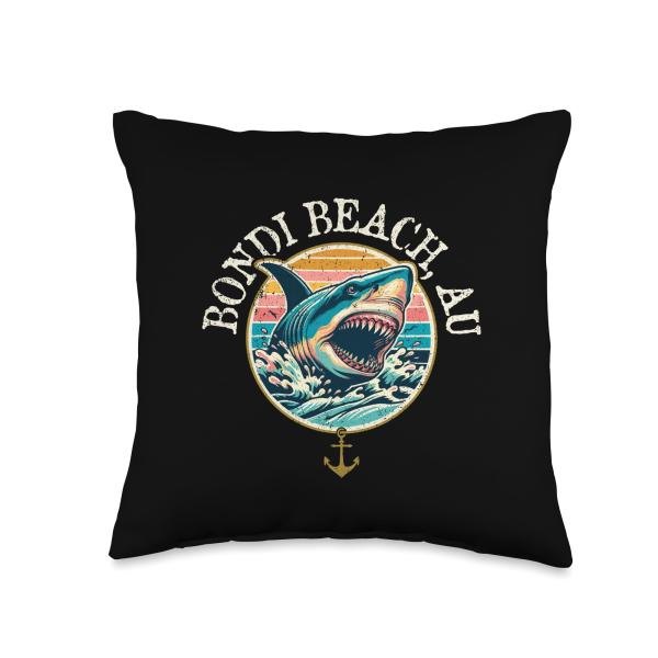 Bondi Beach Australia Shark Retro Distressed Design Throw Pillow