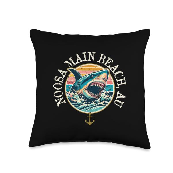 Noosa Main Beach Australia Shark Retro Distressed Design Throw Pillow