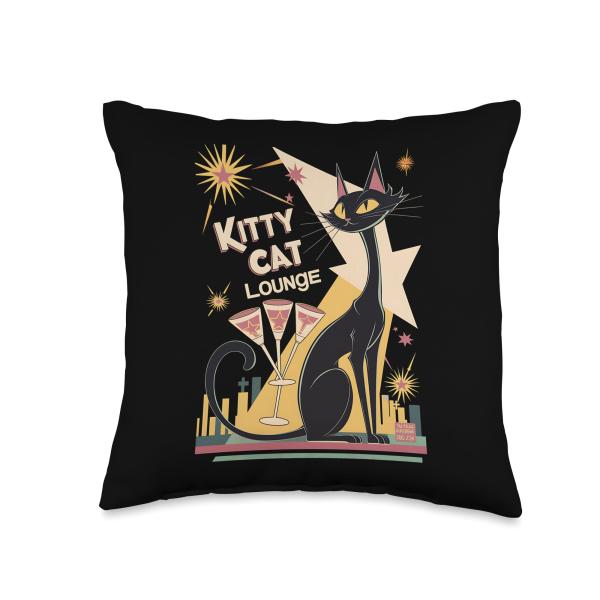 Retro Mid-Century Modern Cat and Cocktails Lounge Theme Throw Pillow