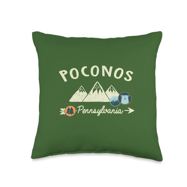Funny Cartoon Mountain Hiking Patches Poconos Pennsylvania Throw Pillow