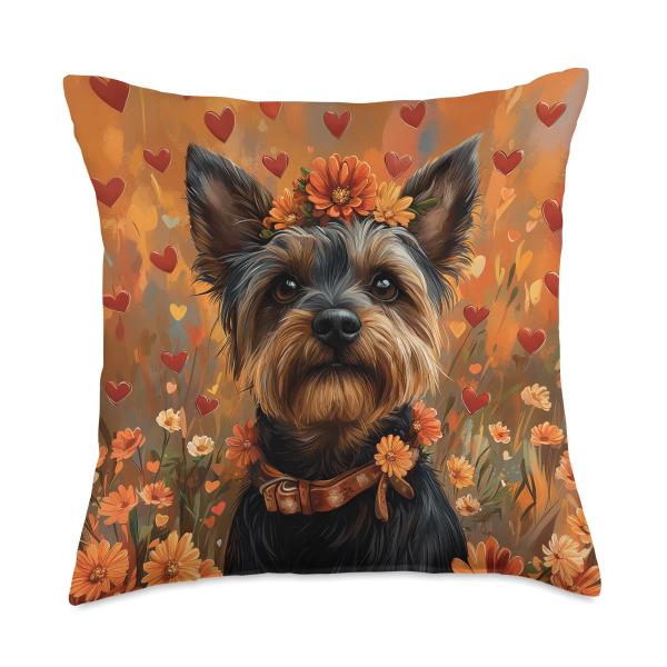 Silky Terrier Dog Flowers With Hearts Around Boho Graphic Throw Pillow