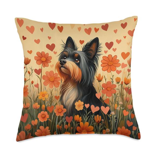 Silky Terrier Dog Flowers With Hearts Around Boho Graphic Throw Pillow