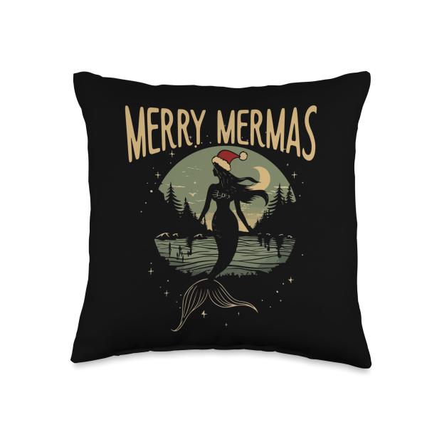 Merry Christmas Mermaid Underwater Xmas Holiday Santa Claus Throw Pillow