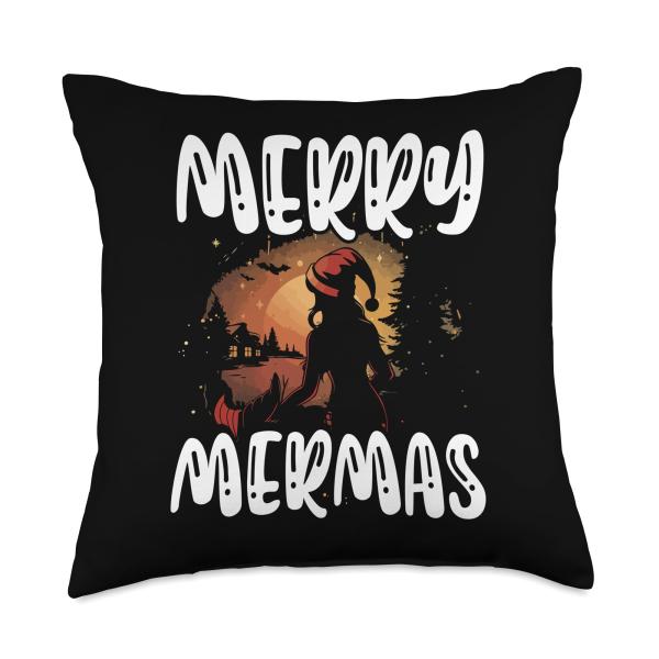 Merry Christmas Mermaid Underwater Xmas Holiday Santa Claus Throw Pillow