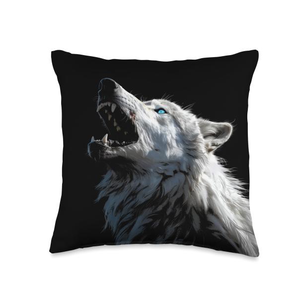 Alpha Wolf Howling at Moon Blue Eyes Graphic Wolf Lover Throw Pillow