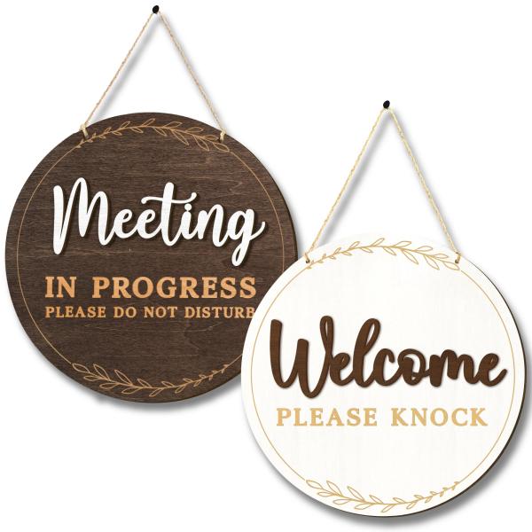 Woodamore Meeting In Progress ドアサイン - オフィスドア用ミーティングサイン、Do Not Disturb Door Hangerサイン、Welcome Please Knock Officeドアサイン