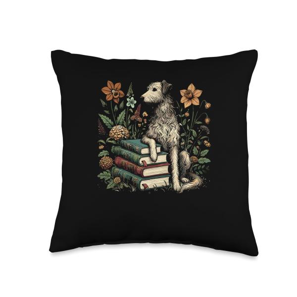 Flower Book Reader Irish Wolfhound - Floral Cottagecore Throw Pillow
