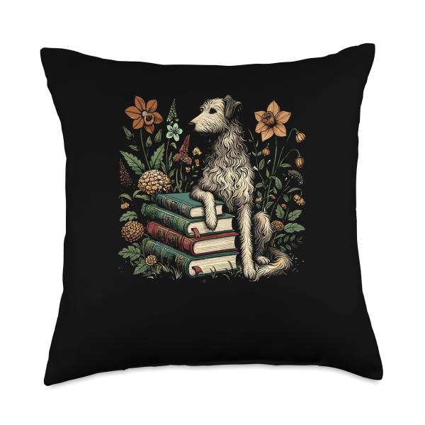 Flower Book Reader Irish Wolfhound - Floral Cottagecore Throw Pillow
