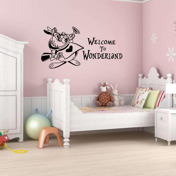 Kelly Wall Decals Cute White Rabbit Pocket Watch Welcome to Wonderland Alice in Wonderland Child's Bedroom Wall Decoration - Size: 20 Inches X 10 Inch