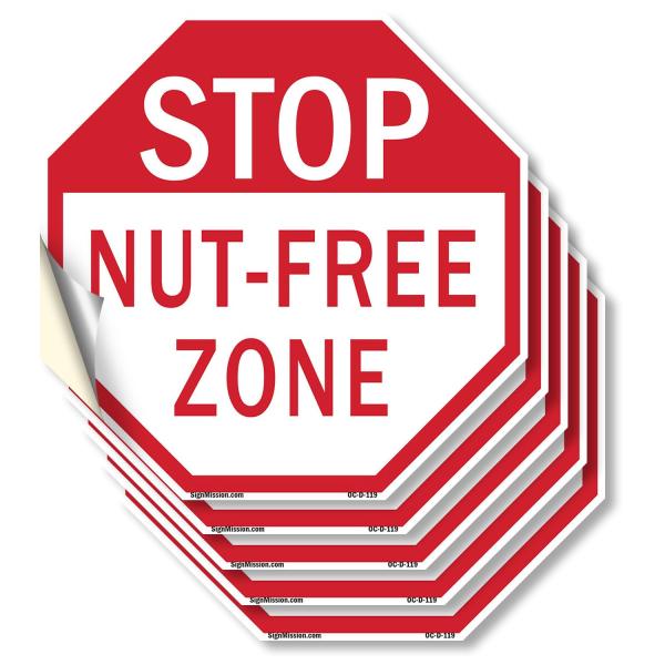 Stop Nut-free Zone (5 Pack) 4 inch X 4 inch Octagon Vinyl Label Decal Sticker Weather Resistant, UV Protected for Workplace, Private Property, and Con