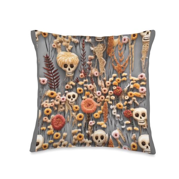 Vintage Skeletons in Bloom Skulls Flowers Floral Halloween Throw Pillow