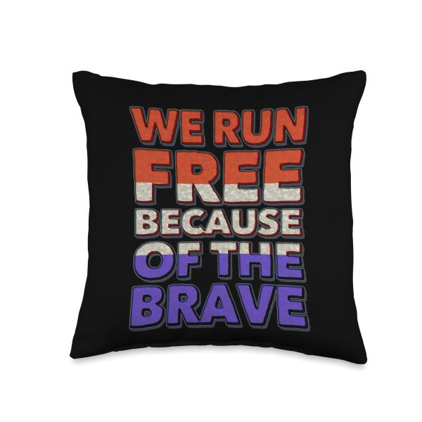 We Run Free Because Of The Brave USA American Flag Running Throw Pillow