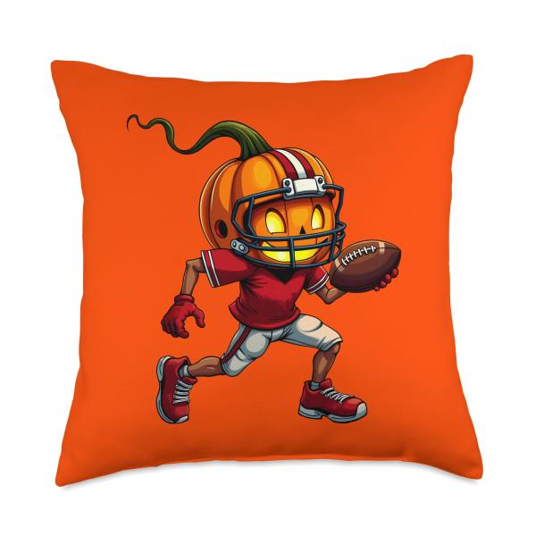 Jack O Lantern Football Player Pumpkin Quarterback Halloween Throw Pillow