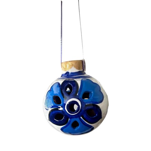 Set of 4 Blue and White Mexican Pottery Christmas Ornaments, Talavera Style Ceramic Tree Decorations, Hand-Painted Holiday Ornaments for Festive Decor