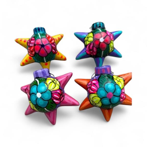 Set of 4 Pi〓ata Talavera Christmas Ornaments, Hand-Painted Five-Pointed Holiday Decorations, Colorful Mexican Ceramic Ornaments