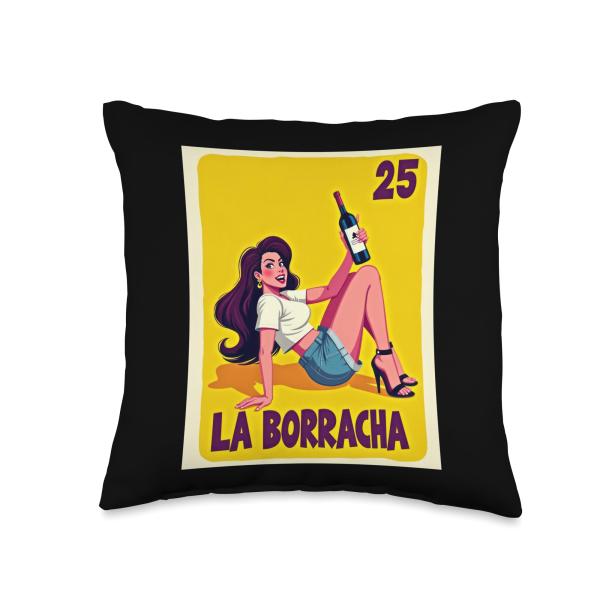 Funny La Borracha Card Mexican Lottery Card Throw Pillow