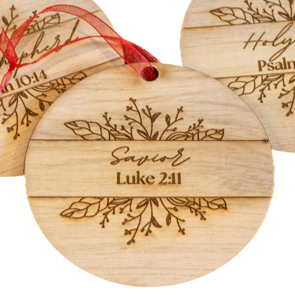 Names of Christ Ornament Set of 12: A Christ-Centered Christmas Decoration (Design 1, Birch Wood)