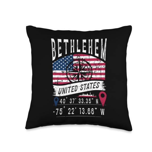 Bethlehem United States Flag GPS Coordinates Bethlehem Throw Pillow