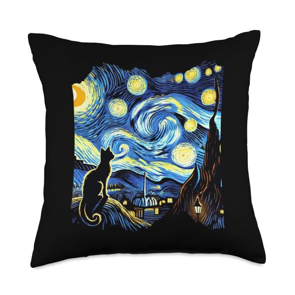 Van Gogh Black Cat Starry Night Cat Lover Throw Pillow