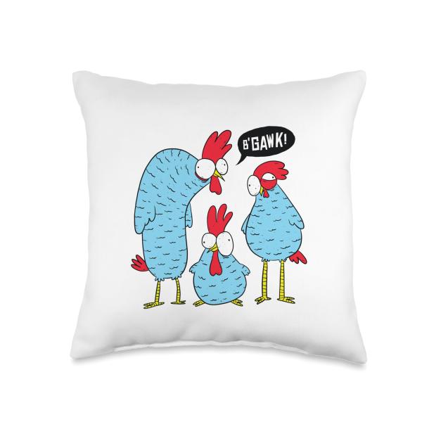 Three cartoon chickens, one shouting "B'GAWK!" Throw Pillow